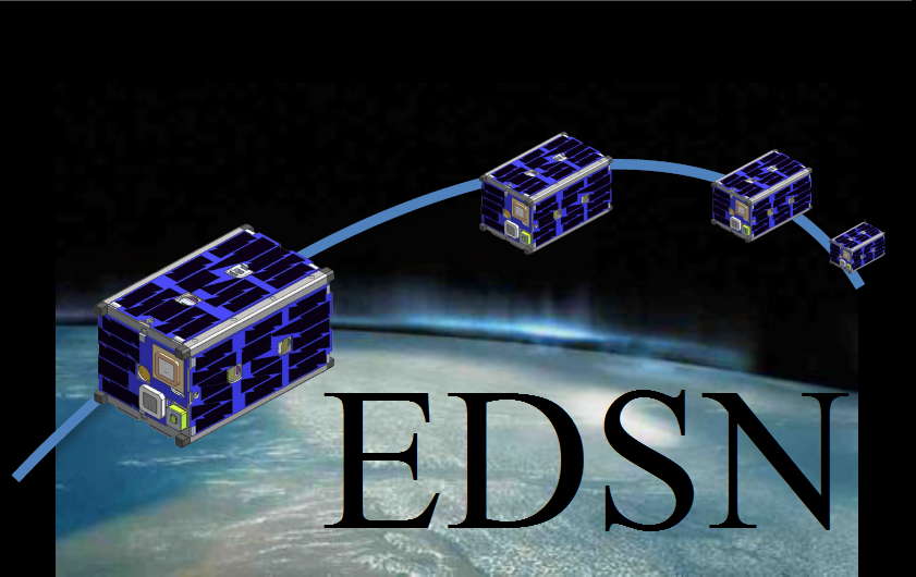 EDSN logo showing multiple satellites of the array following the same orbit around the Earth