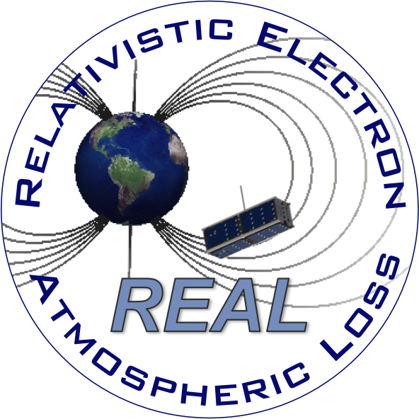 REAL logo, shows a CubeSat in orbit around the Earth measuring waves 