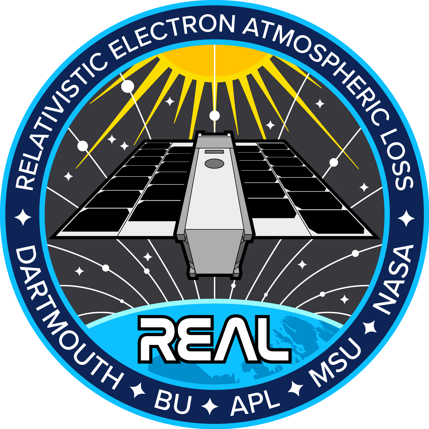 REAL logo REAL logo, shows a CubeSat in orbit around the Earth measuring waves